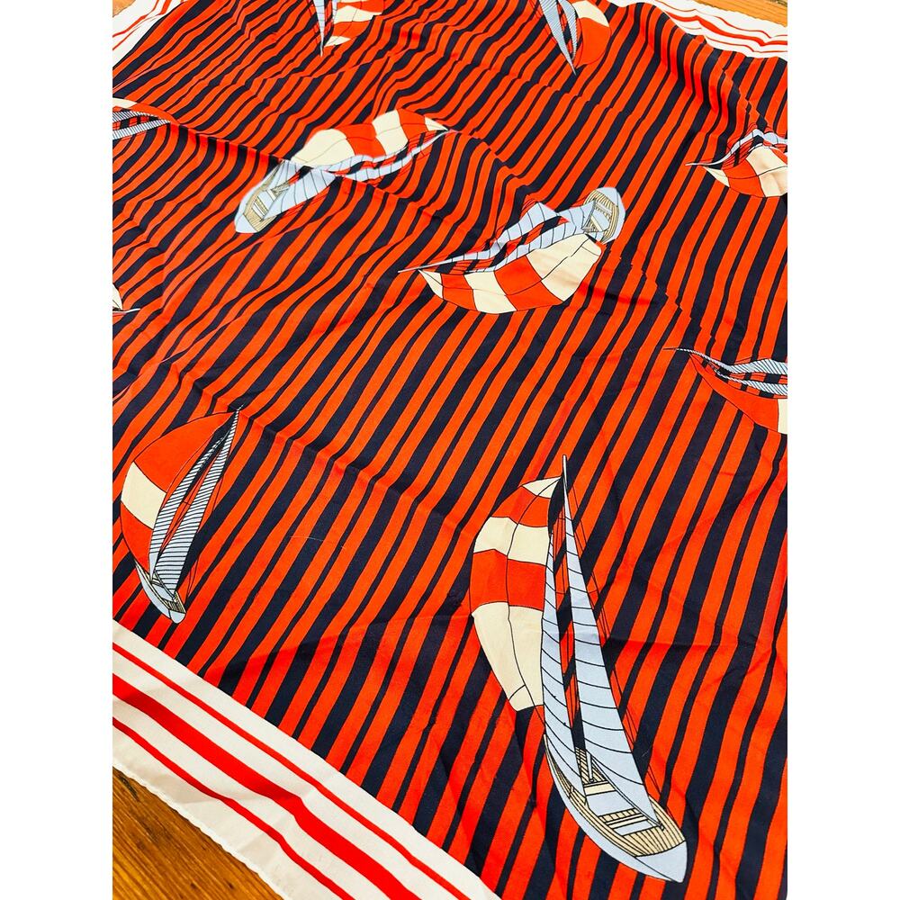 Vintage 70/80s Red White Black Horizontal Striped Sailboats Design Scarf - Picture 5 of 5